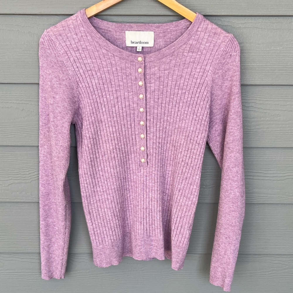 Heartloom Ribbed Knit Long Sleeve Top with Pearl Buttons